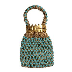 Vintage Marcus Brothers Italy Beaded Purse Blue Gold Handbag Gate Opening VTG
